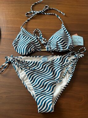 Shade & Shore Teal and White Wavy Stripe Tie Bikini